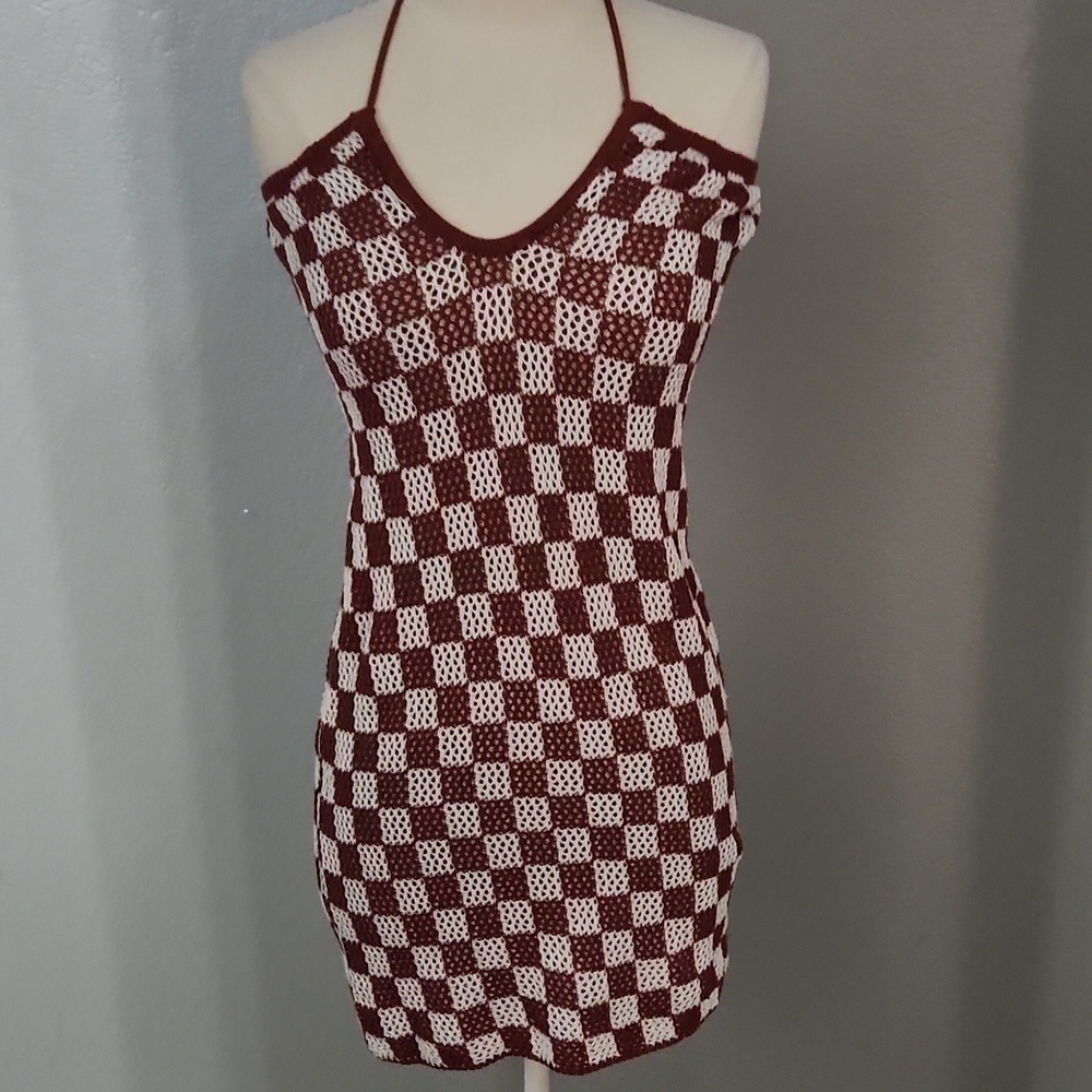 Emory Park Chrochet Orange and White Checkerboard Print Sundress Size Medium
